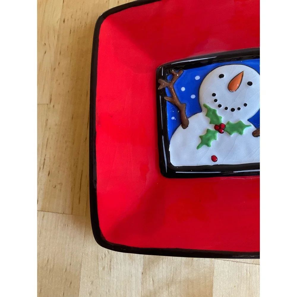 Ganz Snowman Ceramic Holiday Plate Red Square Christmas Dish EX12805